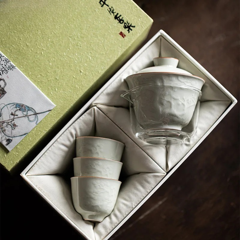 Korean Tea Set - Set Mangkuk Relief Buatan Tangan Butik,