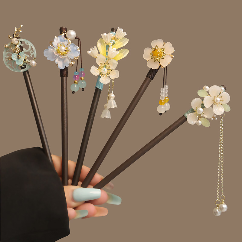 Hanbok Hair Pin - Tongkat Rambut Mutiara Rumbai Bunga Jepit