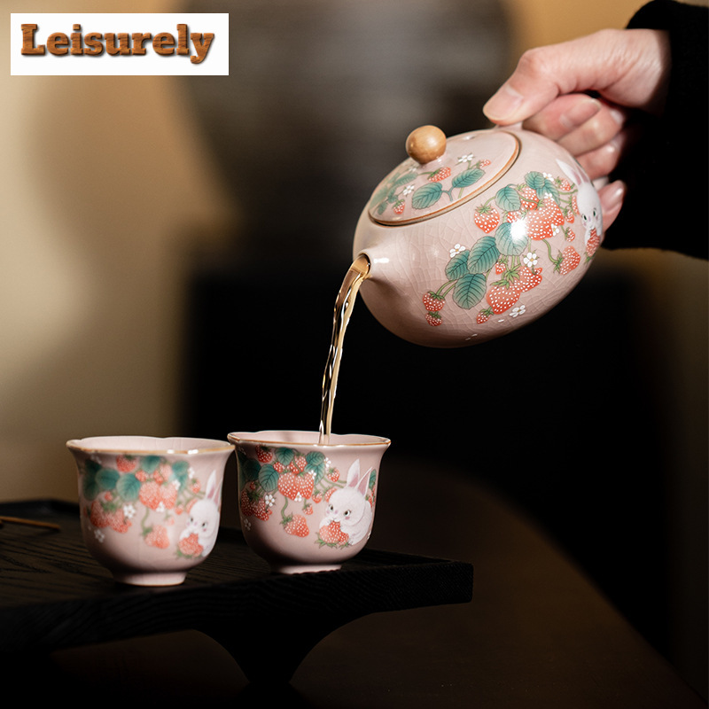 Antik Pink Ru Kiln Teacup stro - Korean Tea Set ulasan dan harga